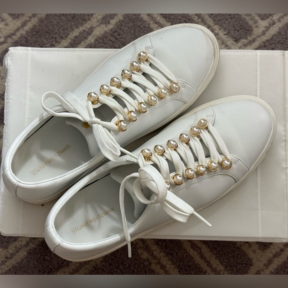 Stuart Weitzman White Pearl-Embellished Sneakers